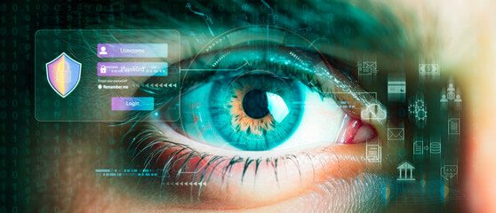  Hacker working on code on dark digital background with digital interface around user privacy...