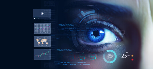Future human modern cyber being futuristic vision, digital technology screen over the eye vision...