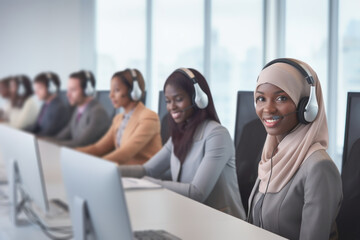 A diverse group of people working in a call center, with a young Muslim woman in the foreground speaking to customers through her headset. Diversity and inclusion in the workplace.