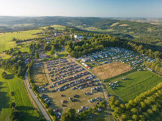 Aerial view of the field parking for cars and buses during the Great Indulgence of the Assumption...
