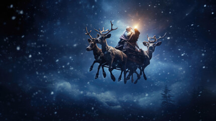 Fototapeta premium Santa Claus is flying on a sleigh with reindeer
