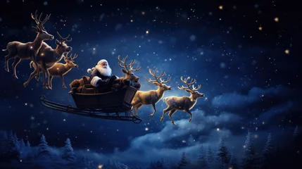 Fotobehang Santa Claus is flying on a sleigh with reindeer © Veniamin Kraskov