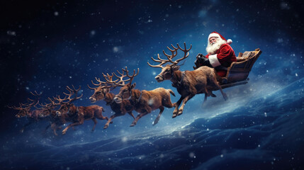 Santa Claus is flying on a sleigh with reindeer - obrazy, fototapety, plakaty