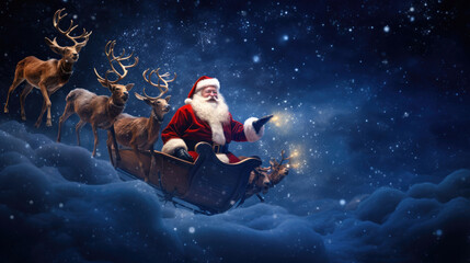 Fototapeta na wymiar Santa Claus is flying on a sleigh with reindeer