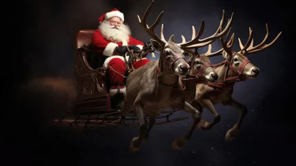 Fotobehang Santa Claus is flying on a sleigh with reindeer © Veniamin Kraskov