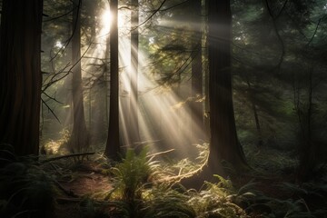 Sunlight filtering through the trees, creating a tranquil ambiance in a lush forest setting
