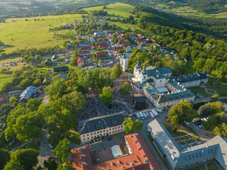 Kalwaria Paclawska, Subcarpathian, Poland - 13 August 2023: view of the basilica and the Franciscan monastery during Mass during the Great Indulgence of the Assumption of the Blessed Virgin Mary