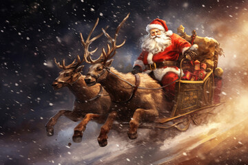 Santa Claus is flying on a sleigh with reindeer