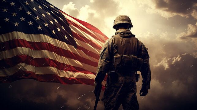Memorial Day: A soldier standing in front of a US flag. Patriotism and celebration of our veterans. Thanks to armed forces. red white and blue, independence, liberty, unity.
