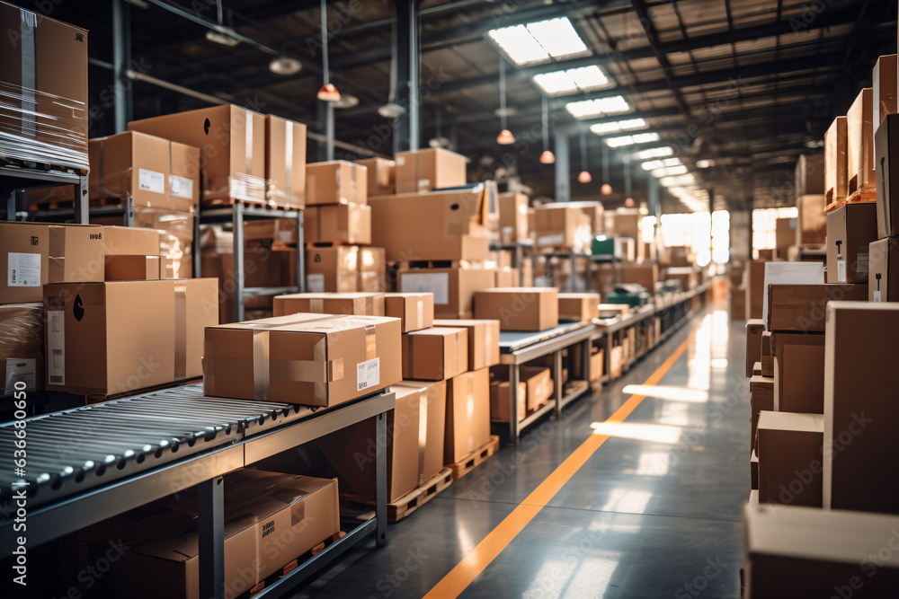 Wall mural Interior of a modern warehouse storage of retail shop with pallet truck near shelves