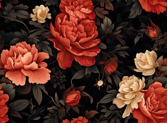 Vintage floral card. Beautiful garden flowers. Peonies, roses, tulips, lily, hydrangea on black background. SEAMLESS PATTERN. SEAMLESS WALLPAPER. Created with Generative AI technology.