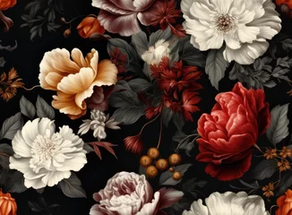 Deurstickers Vintage floral card. Beautiful garden flowers. Peonies, roses, tulips, lily, hydrangea on black background. SEAMLESS PATTERN. SEAMLESS WALLPAPER. Created with Generative AI technology. © lililia