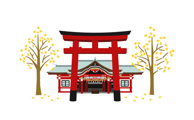 秋の銀杏と神社のイラスト　赤い鳥居