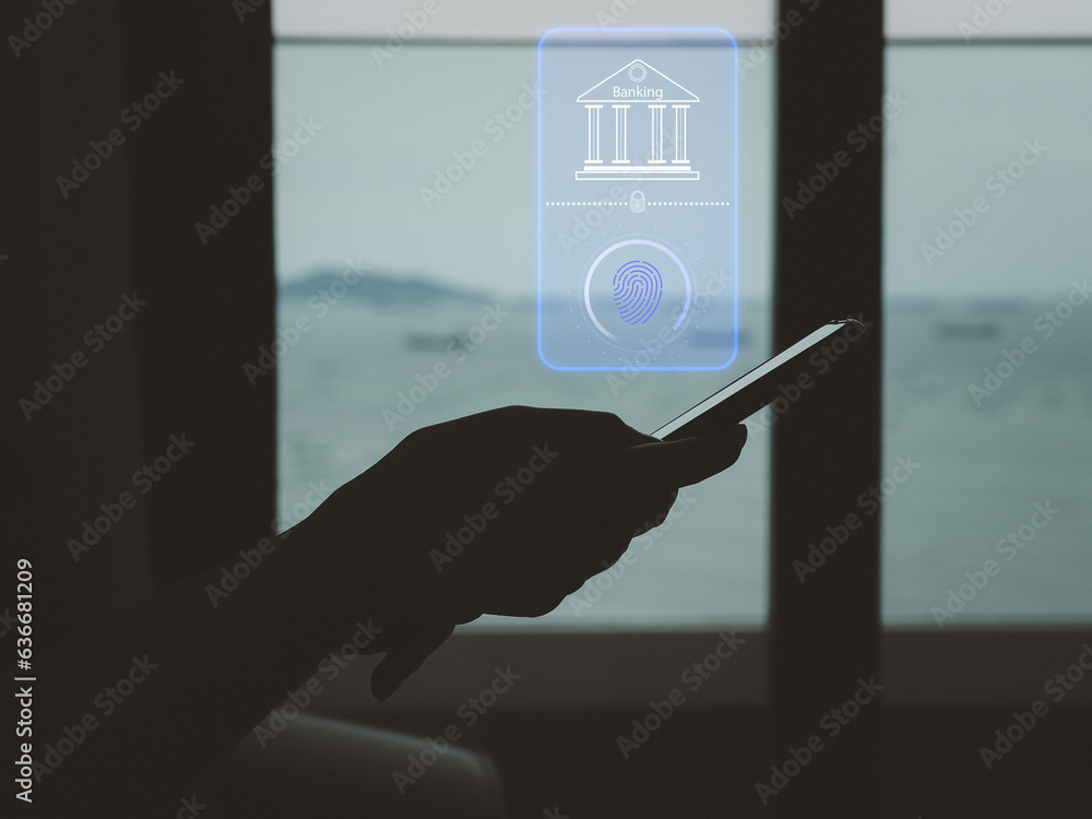 Poster online banking secure financial access with fingerprint authentication. protection of financial tran