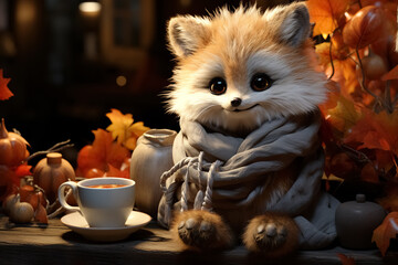 fox in a plaid drinks hot tea, golden autumn concept. Generative Ai