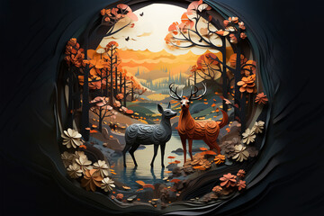 Paper art style of autumn landscape with deer family in a forest. Generative Ai