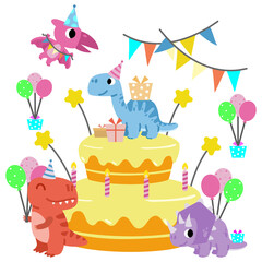 Naklejka premium Happy Birthday Dinosaur party cake. happy dino clipart