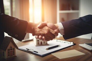 Obraz premium Real estate agent shakes hands with buyer after signing contract. Mortgage, mortgage and insurance.