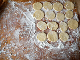 Fresh ravioli handmade cooking on wooden desk. And ricotta ravioli, top view