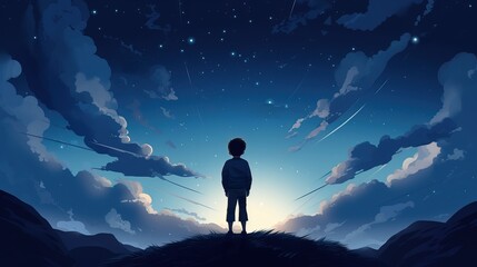 Illustration of a boy looking at night starry sky - obrazy, fototapety, plakaty