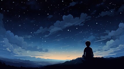 Illustration of a boy looking at night starry sky - obrazy, fototapety, plakaty