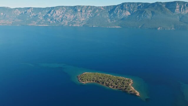 aerial drone view on beautiful seascape of mediterranean sea coastline at Marmaris Area, Turkey. turquoise water, paradise islands different shapes and sizes, cozy bays ideal for yachts and boats
