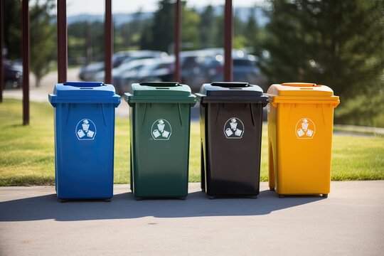 Recycle bin set, 4-color bins, color-coded bins with recycle symbols