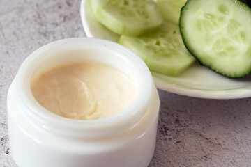 Cucumber and cream cosmetic, natural medicine for skin treatment and use in spa for skin care. Herb in nature