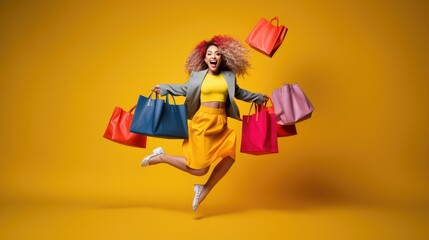 young woman wearing colorful cloth in modern style holding colorful shopping bags jumping with big smile and funny, Generative AI