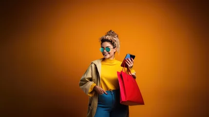 Keuken foto achterwand Muziekwinkel young woman wearing colorful cloth in modern style holding colorful shopping bags and cell phone with big smile, posing as supermodel, Generative AI