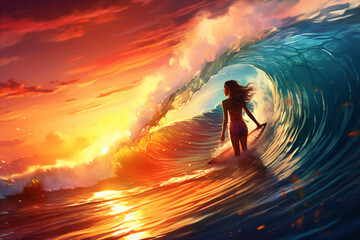 urfer woman inside a beautiful blue wave of water at sunrise with blurred background. High quality illustration