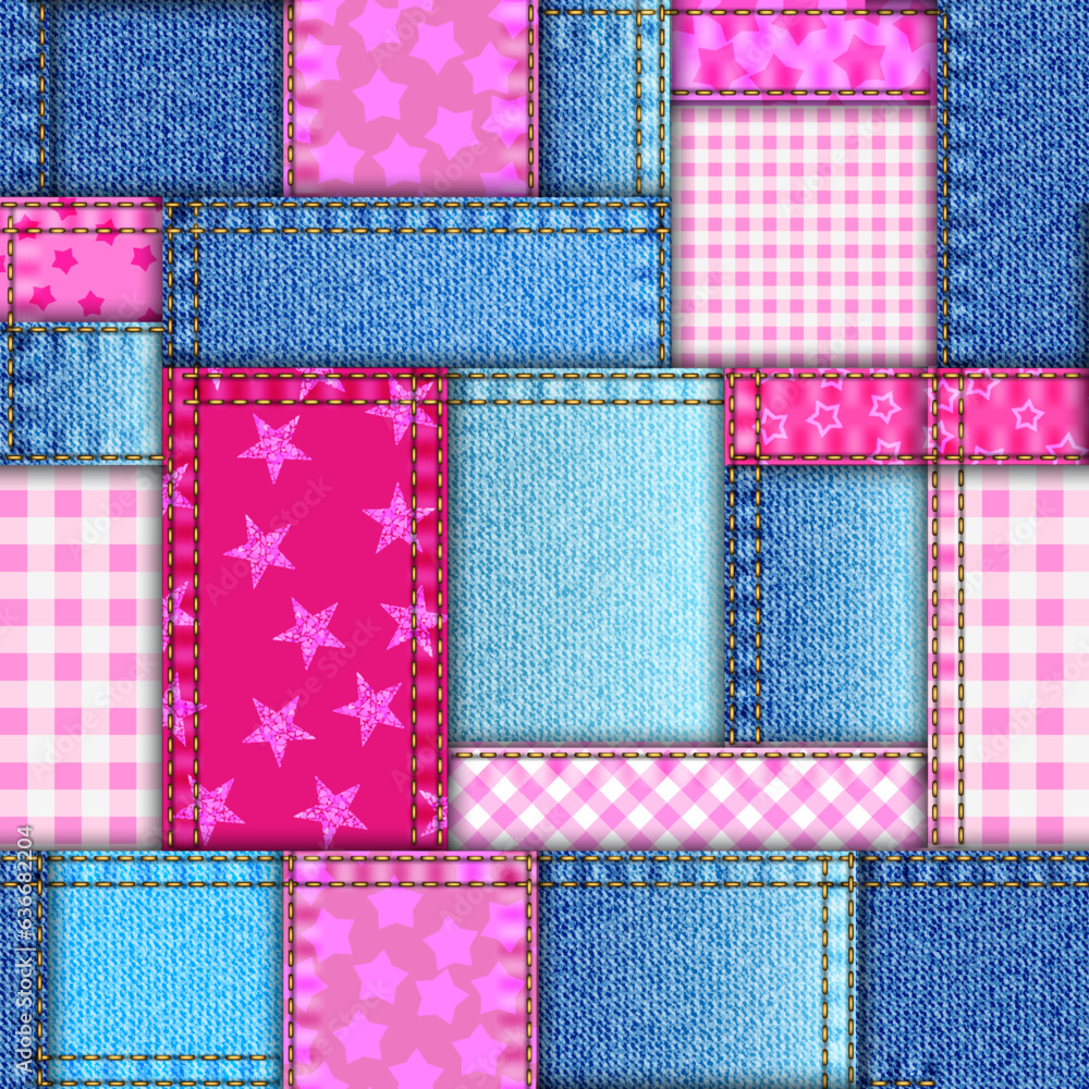 Poster textille patchwork pattern. pink and denim in barbie style. seamless vector image.