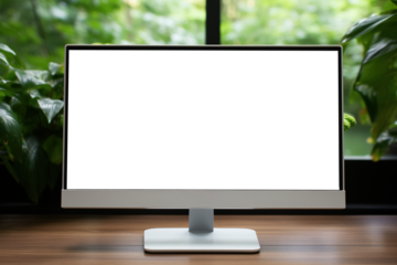 Modern clean workspace mockup with blank screen desktop computer. Generative Ai