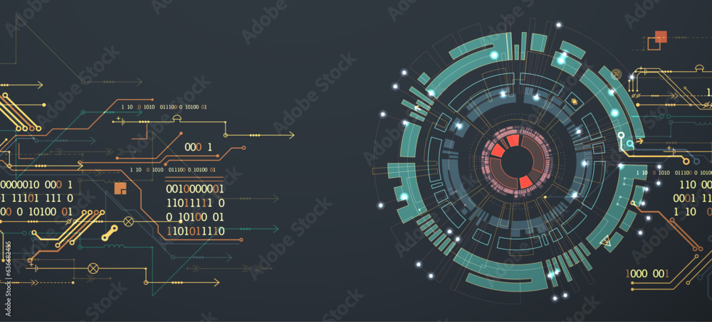 Poster Abstract background on technological and scientific topics. Various techno details with using digital code.
