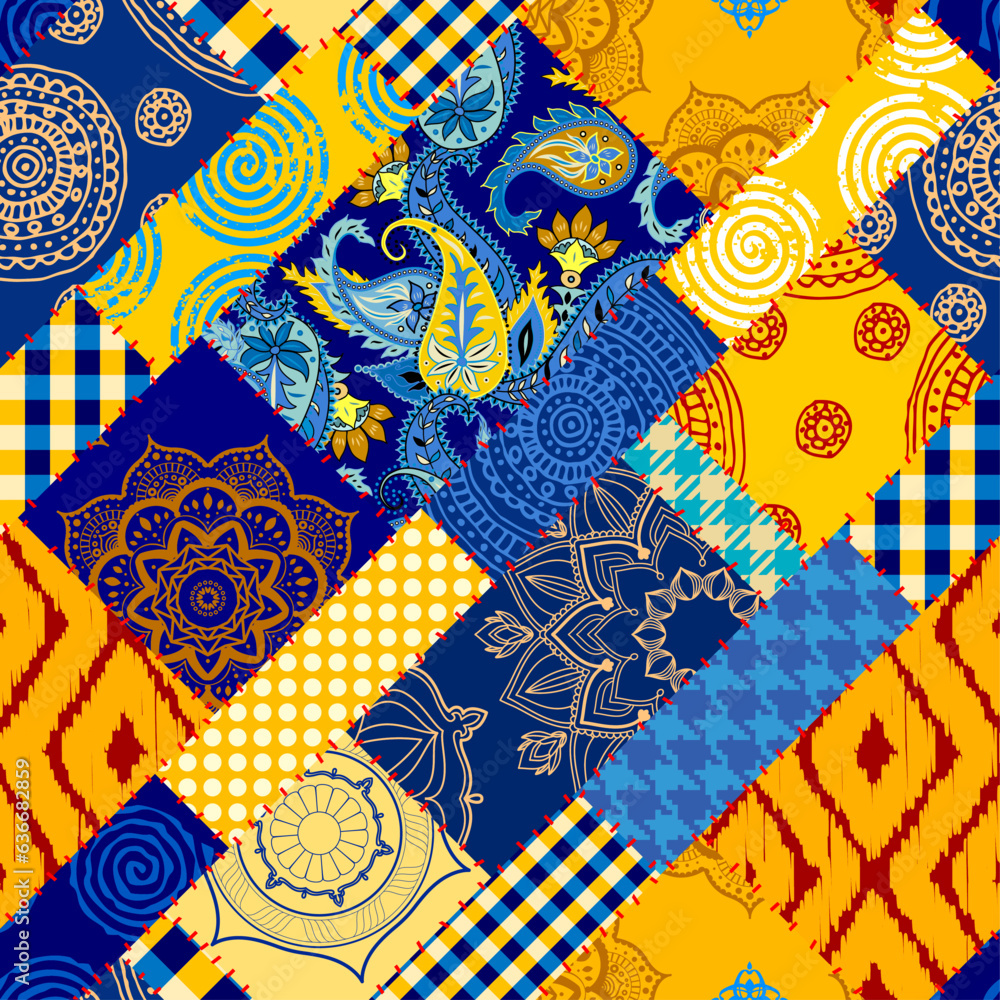 Poster Textile patchwork pattern with blue and yellow colors. Vector image