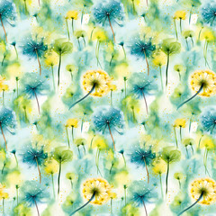 Watercolor dandelion flower balls with seed. Wild field. Seamless pattern. Generative AI
