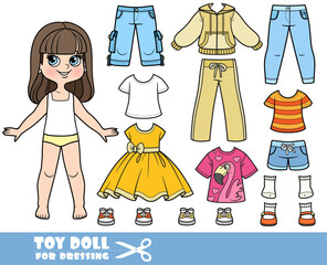 Cartoon brunette girl  and clothes separately -   long sleeve, shirts, dress, sandals, jacket, shorts, tracksuit, jeans and sneakers doll for dressing