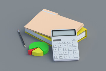 Paper folders near calculator and chart on work table. Financial report. Accounting report. Business paperwork. Bureaucracy and documentation. Analytical data. 3d render