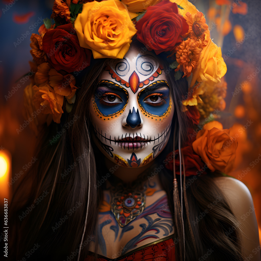 Wall mural A beautiful woman with sugar skull makeup on her face