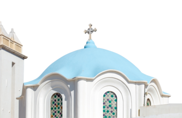 Greek island church with blue color dome isolated on white transparent background. PNG, Cyclades Greece