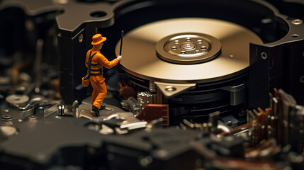 Obraz premium Tech support: technician repairing a hard drive, computer. Tiny, Toy, miniature workers. IT help, technical support and computer repair.