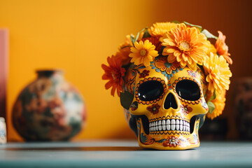 A colorful sugar skull with marigold flowers