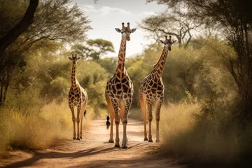 Fotobehang three giraffes walking on a dirt road © Marius
