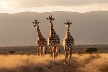 three giraffes gracefully walking through a desert landscape with majestic mountains in the distance