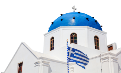 Greek island church with blue color dome isolated on white transparent background. PNG, Greece.