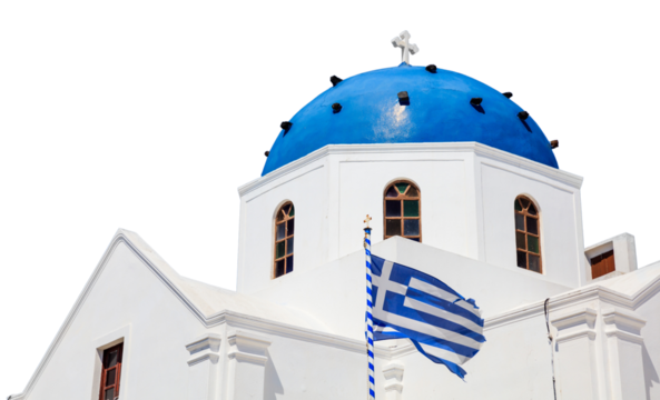 Greek island church with blue color dome isolated on white transparent background. PNG, Greece.