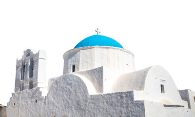 Greek island church with blue color dome isolated on white transparent background. PNG, Greece.