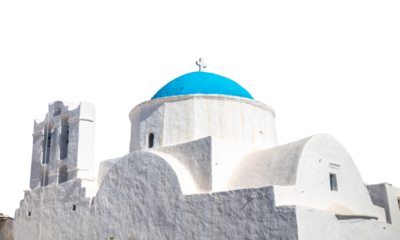 Greek island church with blue color dome isolated on white transparent background. PNG, Greece.