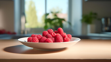 Raspberries on a plate in a modern kitchen. The Essence of Nature's Bounty: Exploring the Sweet and...