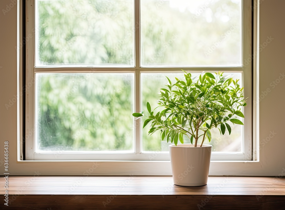 Poster wooden table of free space for your decoration. white big window with spring time. fresh flowers on 